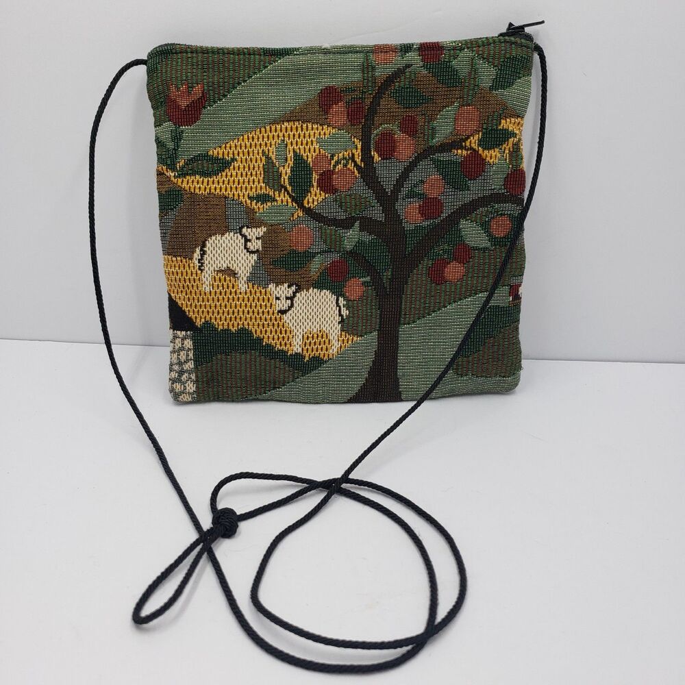 Farm Theme Tapestry Crossbody Purse Black Sheep Apple Tree Cottagecore Woven Bag